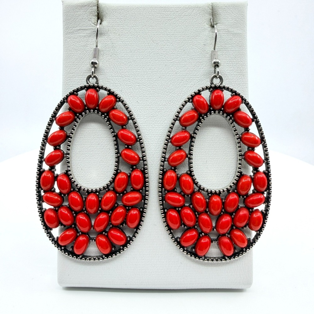 Vintage Southwestern Red Faux Coral Hoop Dangle Earrings Silver Tone